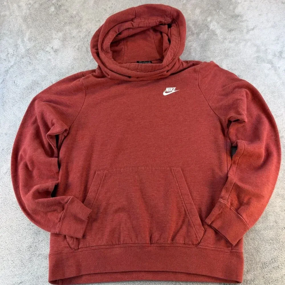 Nike Club Fleece Hoodie Womens Small Red Heather Pullover Sweatshirt Swoosh